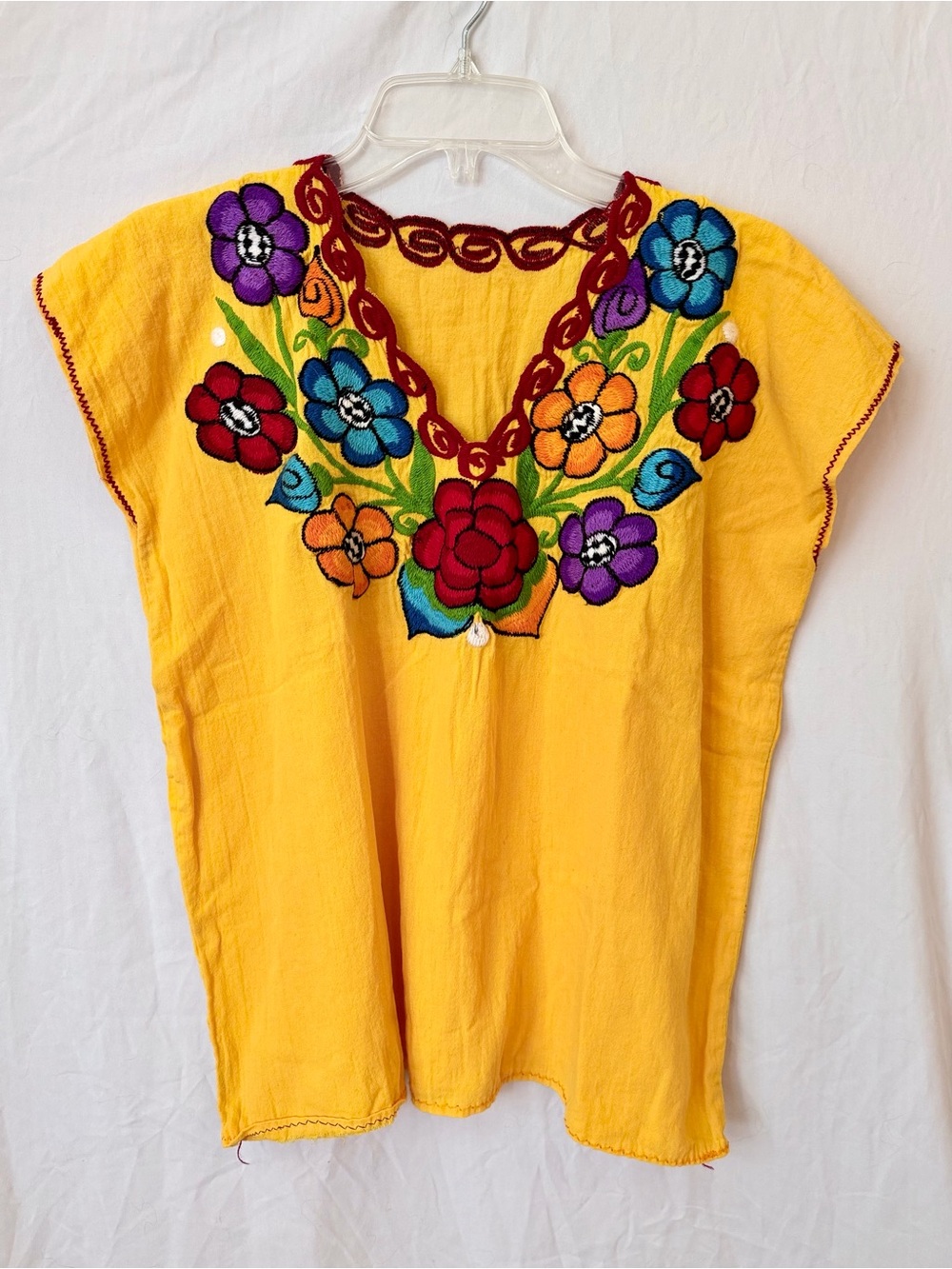 Embroidered Floral Huipil Blouse Yellow Mexican Folk Top